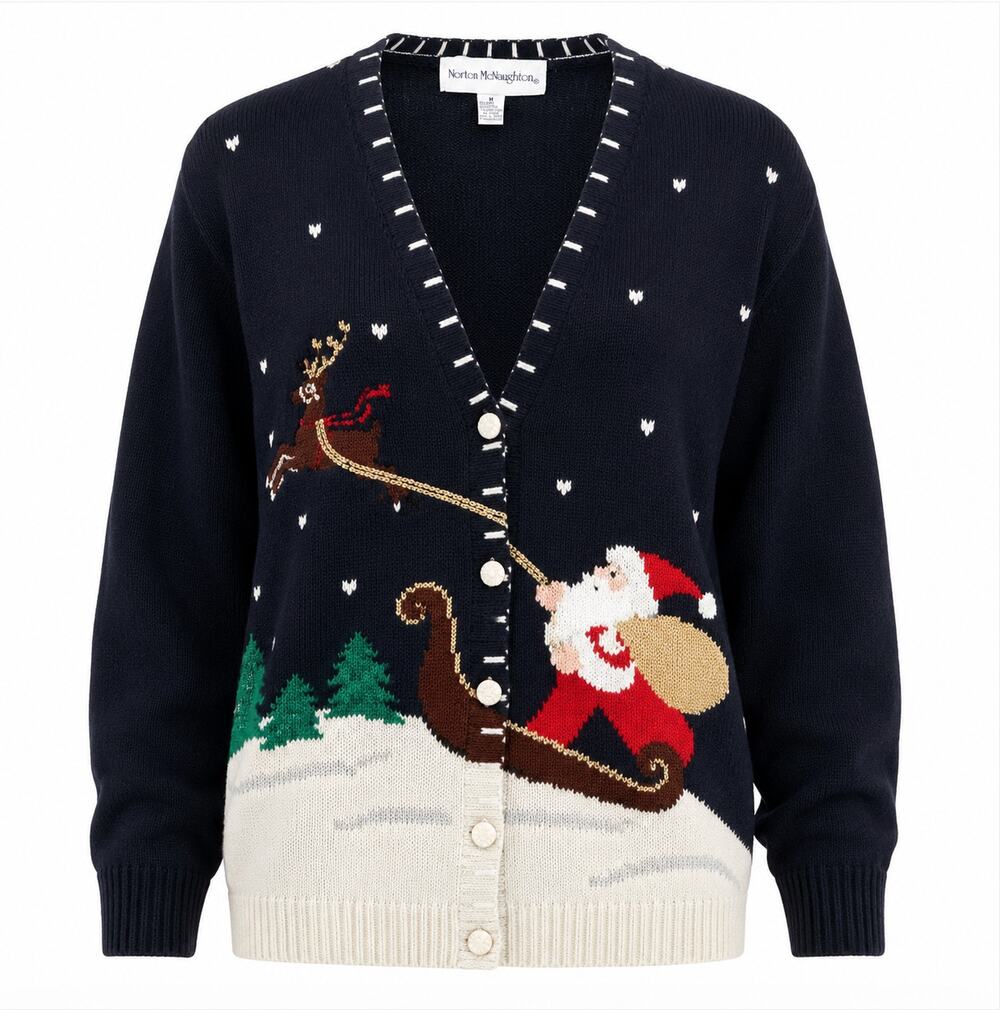 Norton McNaughton Navy Santa Sleigh Ramie Cotton Christmas Cardigan Medium